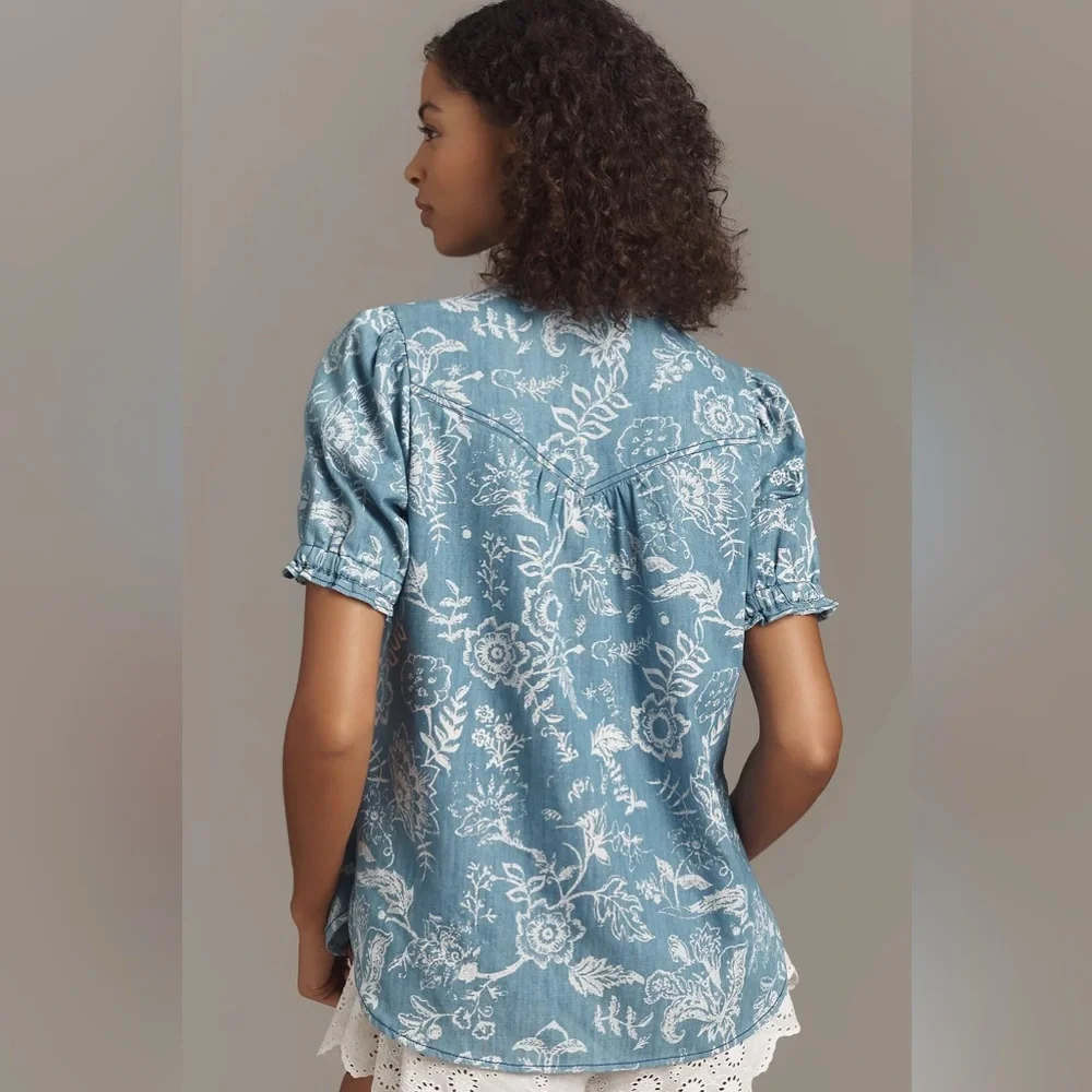 NWT Anthropologie Pilcro The Aly Puff-Sleeve Blouse in Light Denim, Size XS - Picture 5 of 7